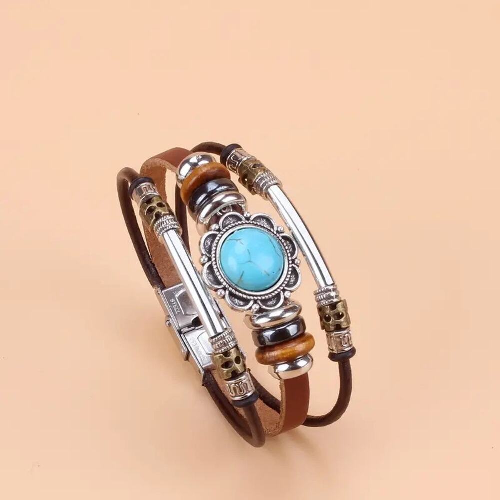 NWT Turquoise and Brown Leather Wrap Bracelet